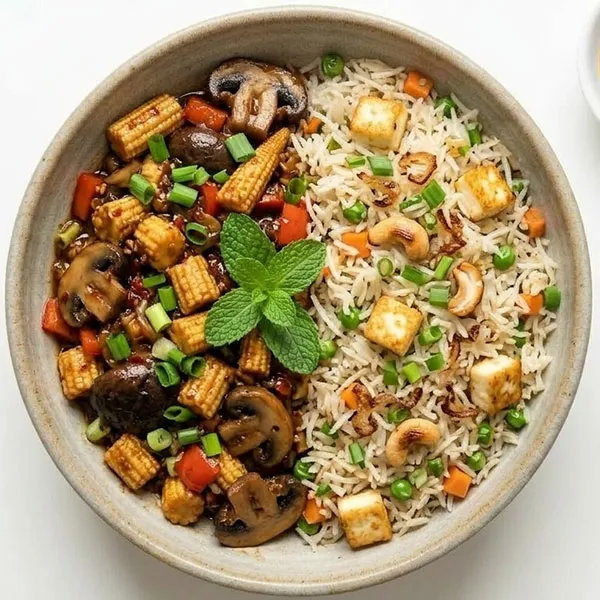 Baby Corn And Mushroom With Paneer Fried Rice